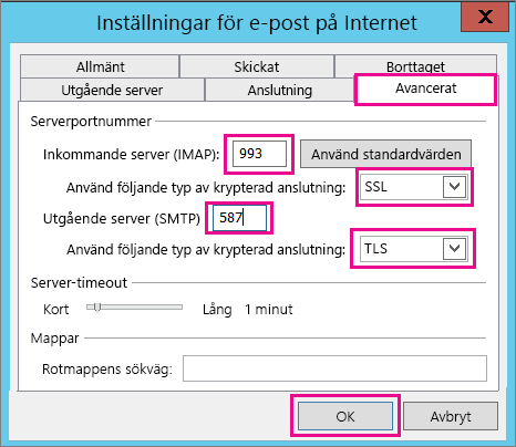 Ange avancerade e-postinställningar.