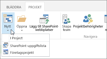 Ny knapp i menyfliksområdet i Projektcenter