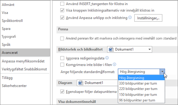 Ange standardupplösning för bilder