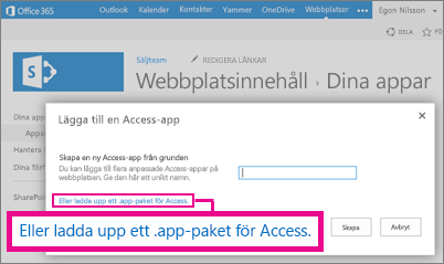 Överför ett Access-programpaket till sidan Lägg till ett program på en SharePoint-webbplats