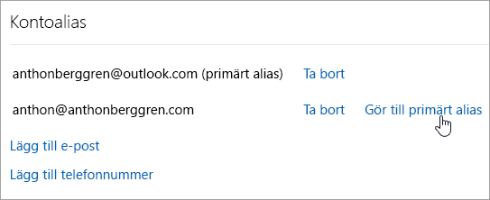En skärmbild av knappen Gör till primärt