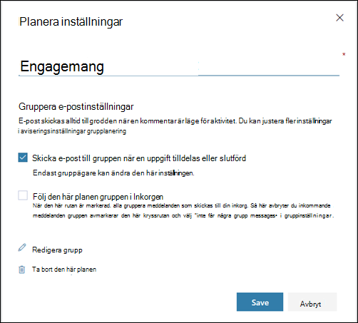 Skärmdump: Visar inställningen "Skicka e-post till planens grupp..." för planinställningarna