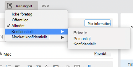 Ett exempel på möjliga alternativ för känslighet i listrutan i Outlook.