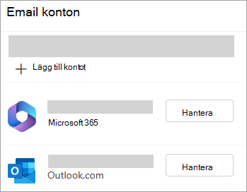 Skärmbild av fönstret Inställningar med alternativet Hantera konton i nya Outlook