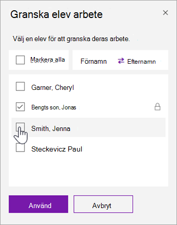 Markera kryssrutan för att låsa en enskild elevsida.