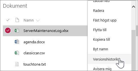 Snabbmenyn för dokumentbibliotek med Versionshistorik markerad