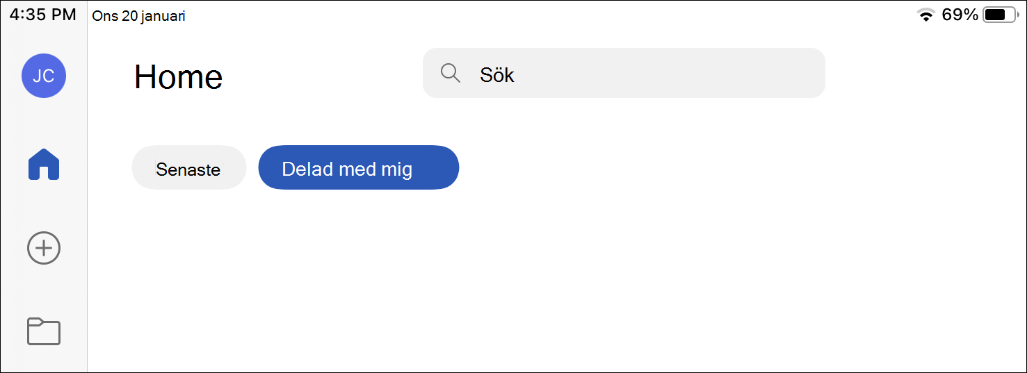 iPad-skärmen med hemikonen markerad och fliken Delas med mig markerad.