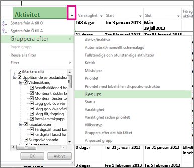 Kolumnmenyn Aktivitetsnamn med alternativet Gruppera efter resurser markerat