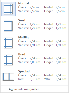 På fliken Layout visas alternativen för marginaler