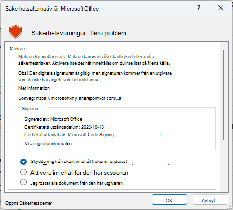 Dialogrutan med säkerhetsvarningar från Microsoft Excel