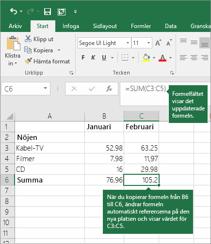 När du kopierar en formel uppdateras cellreferenser automatiskt