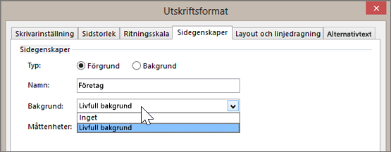 Skärmbild av Utskriftsformat > Sidegenskaper med Livfull bakgrund valt i listrutan Bakgrund