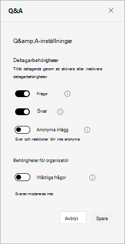Skärmbild som visar inställningar för frågor oc svar under ett allmänt möte