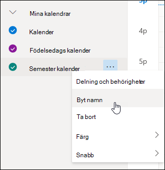 En skärmbild av kalendermenyn med namnbyte markerat.