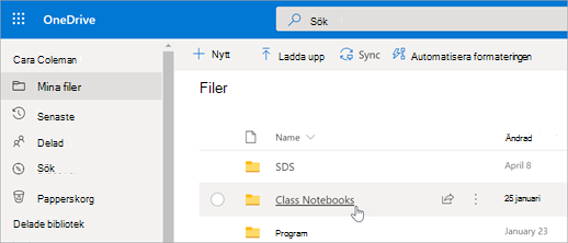 Välj Klassanteckningsböcker i Mina filer.