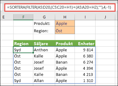 FILTER och SORTERA tillsammans – Filtrera efter produkt (äpple) ELLER region (öst)