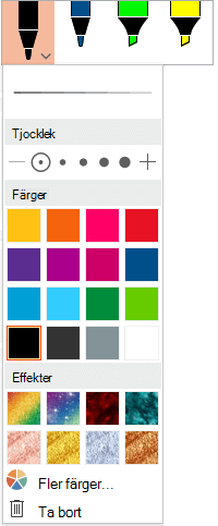 Alternativ för färg och tjocklek för en penna i penngalleriet i Office på fliken Rita