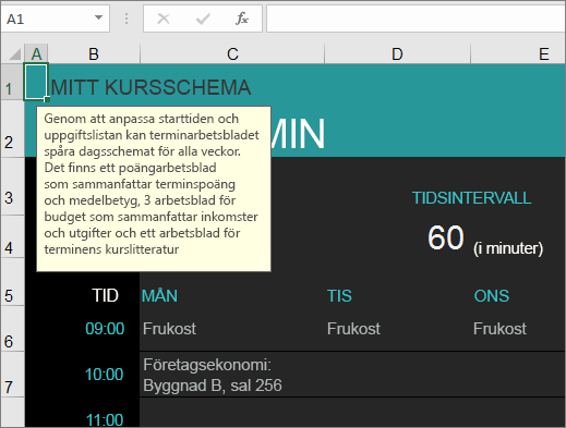 Den nya Excel-mallen Universitetskurshanterare med beskrivningar av element.