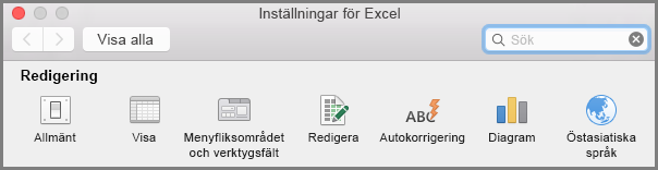 Verktygsfältsinställningar i menyfliksområdet i Office 2016 för Mac