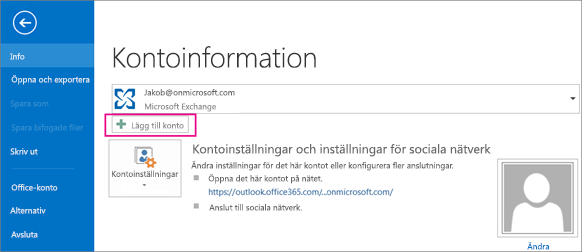 Om du vill lägga till ett gmail-konto i Outlook klickar du på Lägg till konto