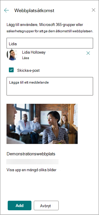 Lägga till en person på en kommunikationswebbplats i panelen Dela webbplats