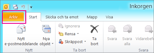 Välj fliken Arkiv i Outlook 2010.