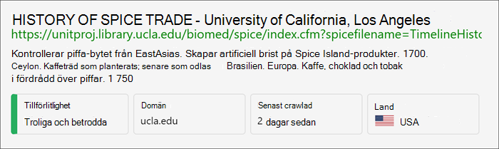 Skärmbild som visar tillförlitlighetsindikatorn som "sannolikt tillförlitlig" när newsguard inte har betygsatt en webbplats men den har en .edu- eller .gov-domän, eftersom dessa webbplatser vanligtvis är tillförlitliga