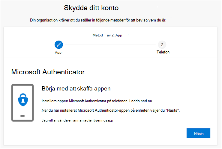 Guiden Skydda ditt konto med nedladdningssidan Authenticator appen