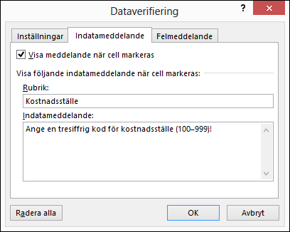 Inställningar för indatameddelande i dialogrutan Dataverifiering