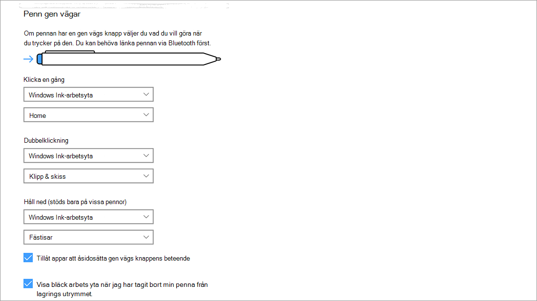 Genvägar till penninställningar i Start > Inställningar > Enheter > Penna och Windows Ink.