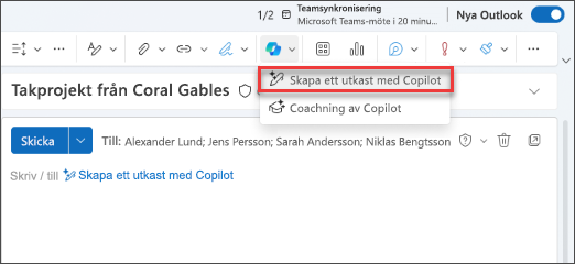 Listrutealternativet Utkast med Copilot i Nya Outlook