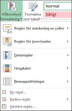 Menyn Villkorsstyrd formatering med Hantera regler markerat