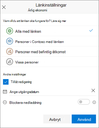 Alternativ för länkdelning för OneDrive för företag i iOS-mobilappen