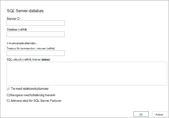 Dialogrutan SQL Server databas