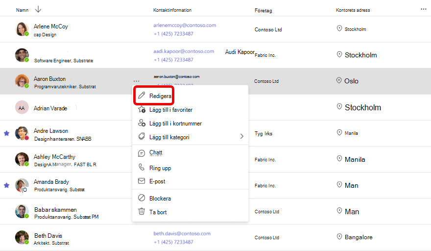 Skärmbild av arbetsflödet för att redigera kontaktinformation i appen Teams Kontakter