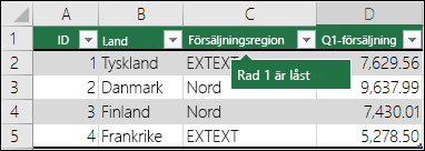 Den första raden låses när du klickar på Lås översta raden