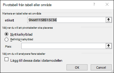 Pivottabell från område eller tabell