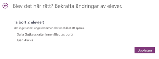 En lista med elever som ska tas bort.