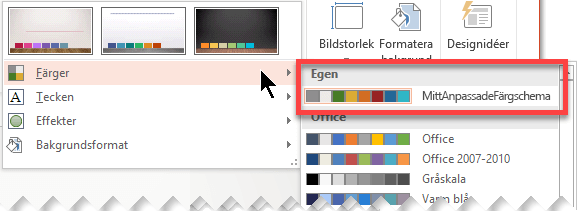 När du har valt ett färgschema visas det på den nedrullningsbara menyn Färger