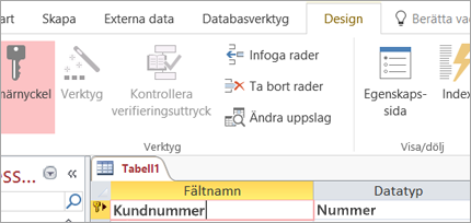 Välja ett primärnyckelfält i en ny Access-tabell