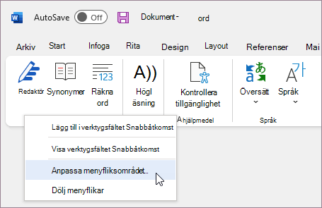 Välj Anpassa menyfliksområdet