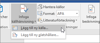 Peka på Infoga källhänvisning och välj Lägg till ny källa