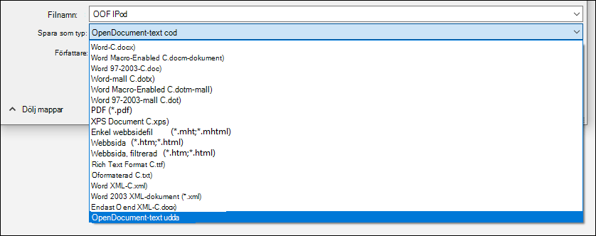 Lista över filformat från Word med ODT-filformat markerat