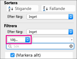 Klicka på Välj en i rutan Filter