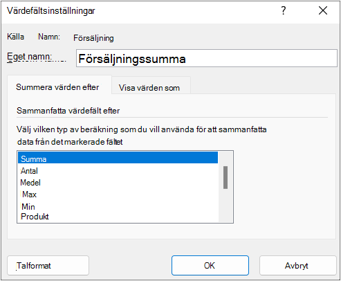 Delsummor & fliken Filter i dialogrutan Fältinställningar