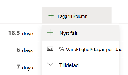 Skärmbild av Project som visar alternativet Lägg till kolumnrubrik och Nytt fält