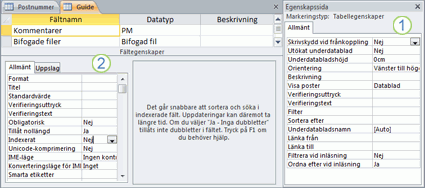 Egenskapssidor för tabeller och fält