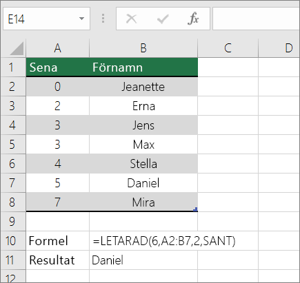 Ett exempel på LETARAD-formel som letar efter en ungefärlig matchning