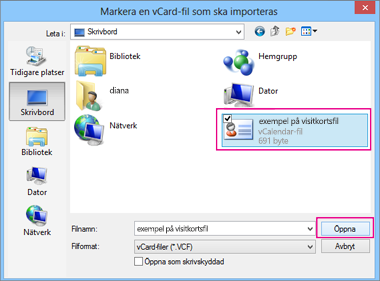 Välj din vCard-fil som du vill importera till .csv.