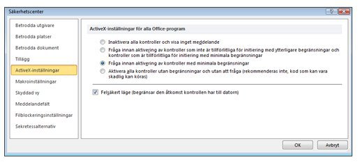 Delen ActiveX-inställningar i Säkerhetscenter